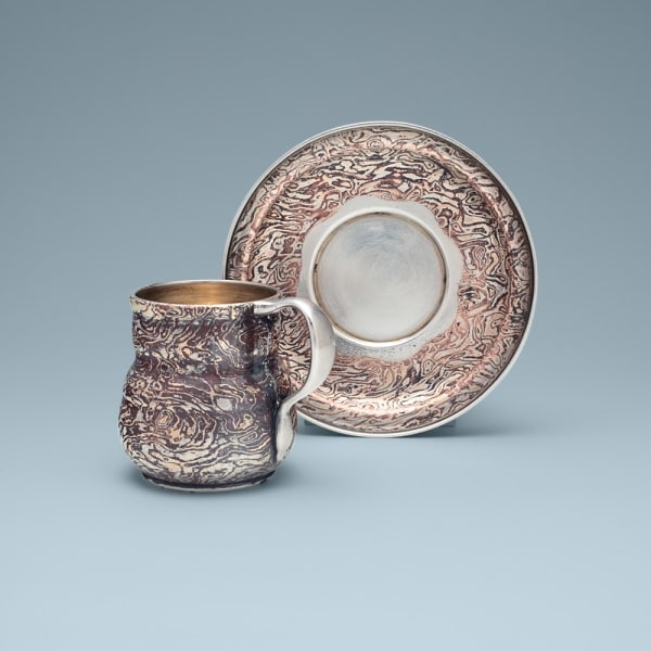 Tiffany & Co., A Rare Tiffany & Co. Mokume and Partial Gilt Silver Demitasse Cup and Saucer from the Collection of Mary Jane Morgan, c. 1878