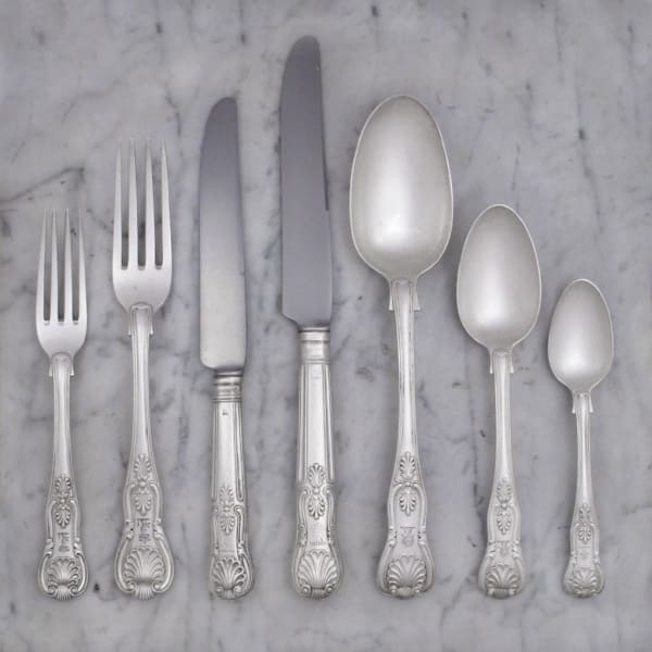Charles Eley, A George IV Antique English Silver King’s Pattern Flatware Service, 1825
