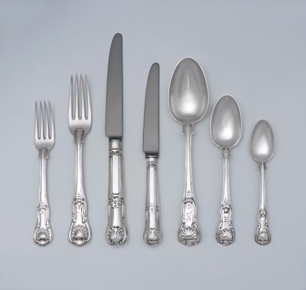 Paul Storr, An Antique English Silver Hourglass Pattern Flatware Service for Twelve, 1820
