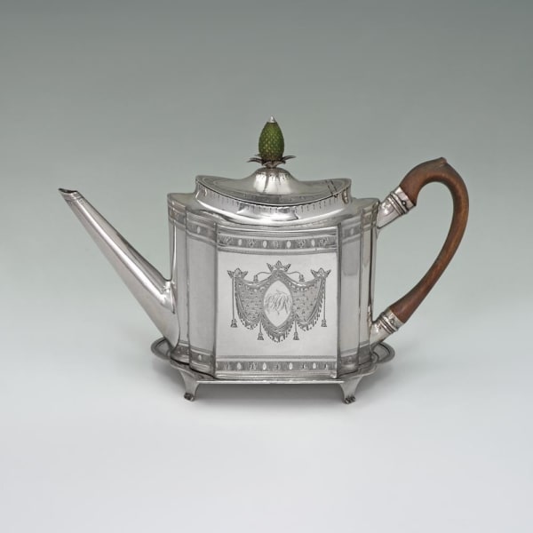 Charles Hougham, A George III Antique English Silver Teapot & Stand, 1791