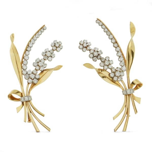 A Pair of French Gold & Diamond Flower Brooches, c. 1955