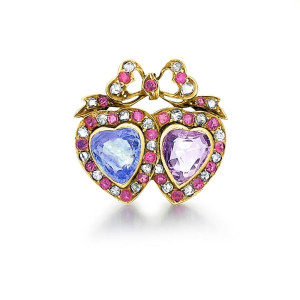 An Antique Sapphire Double Heart Brooch, c. 1880