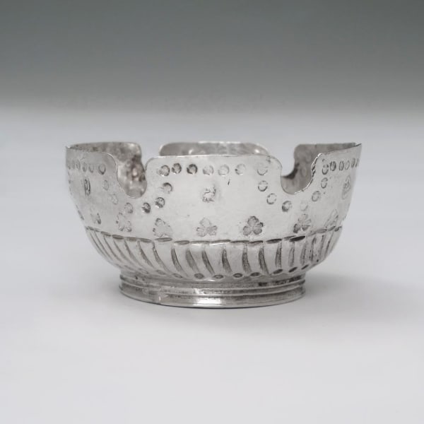 George Manjoy, A Queen Anne Antique English Silver Miniature Monteith Bowl, 1708