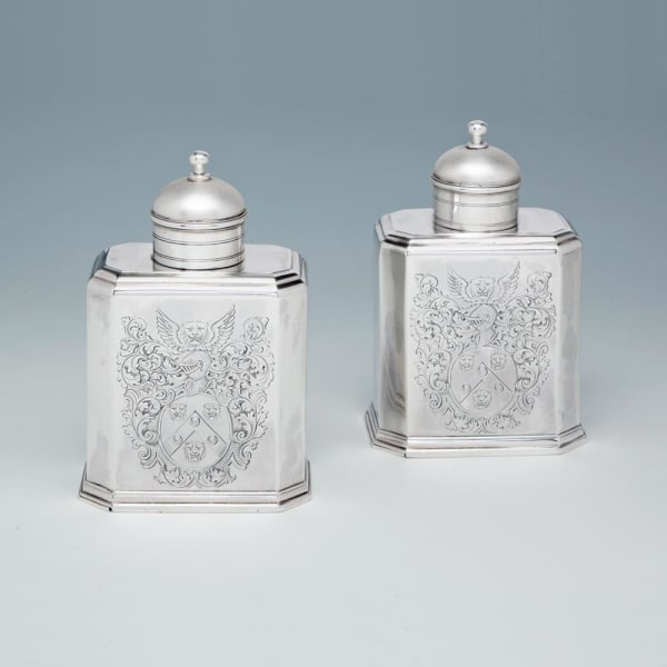 John Farnell, A Pair of George I Antique English Silver Tea Caddies, 1716