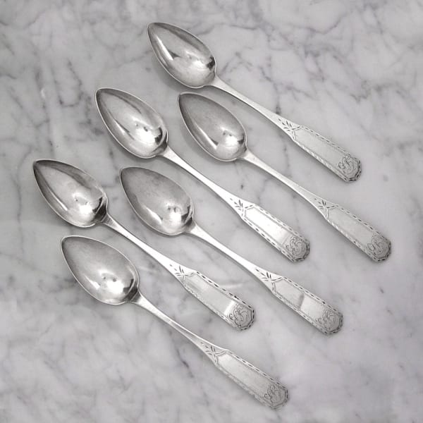 Joseph Shoemaker, A Fine Set of Six Early American Bright-Cut Engraved Silver Teaspoons, c.1795