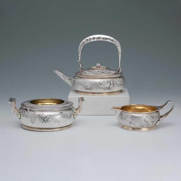 Martin Hall & Co., A Rare Victorian Antique English Silver Three-Piece Aesthetic Tea Set, 1879