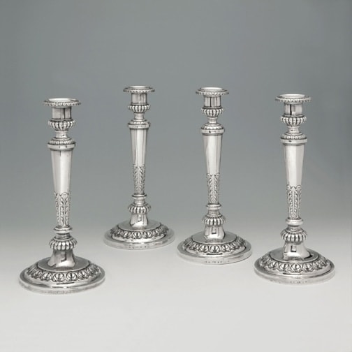 Matthew Boulton, A Set of Four George III Antique English Silver Candlesticks, 1805/6