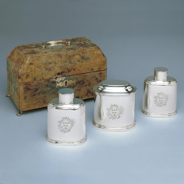 Jonathan Newton, A Set of Three George II Antique English Silver Tea Caddies in Shagreen Case, 1741