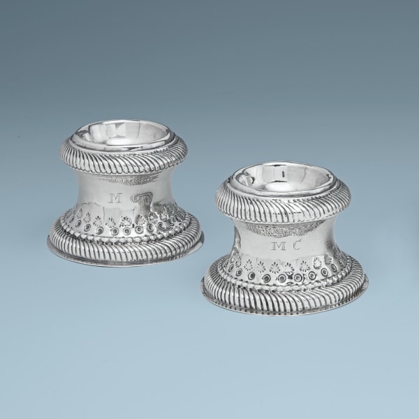 William Fleming, Pair of Queen Anne Antique English Silver "Capstan" Salts, 1704