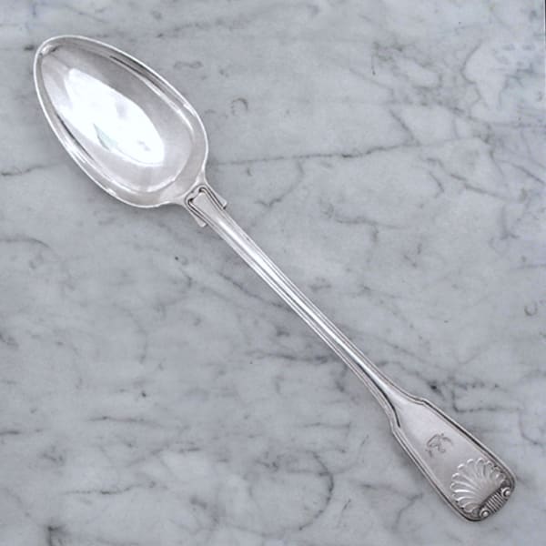 William II, Charles & Henry Eley, A George IV Antique English Silver Fiddle, Thread & Shell Serving Spoon, 1824