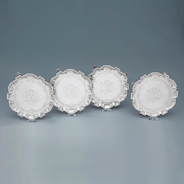 John Liger & John Tuite, A Set of Four of George II Antique English Silver Salvers from the Earl of Warrington Service, 1731/32