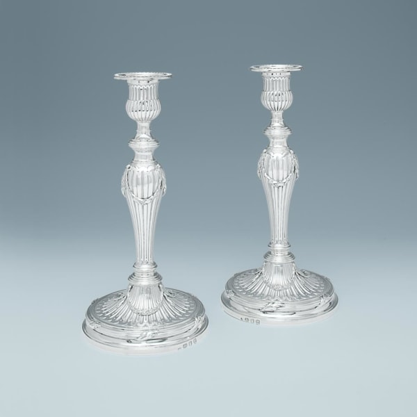 Peter Desvignes, A Pair of George III Antique English Silver Candlesticks, 1774