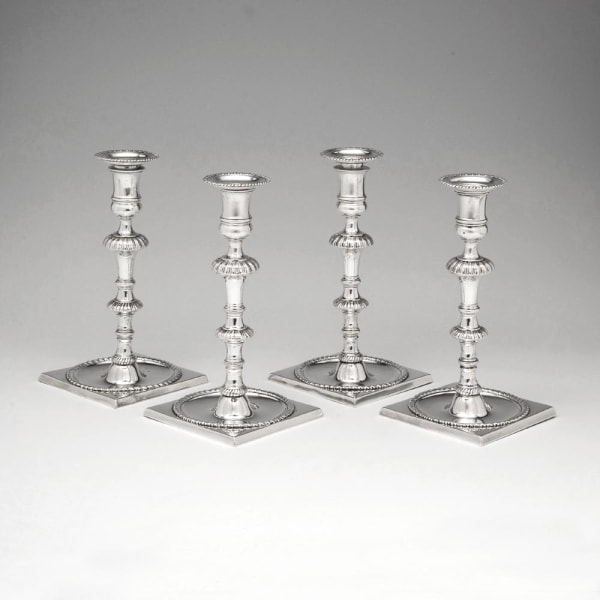 John Cafe, A Set of Four George II Antique English Silver Candlesticks, 1754