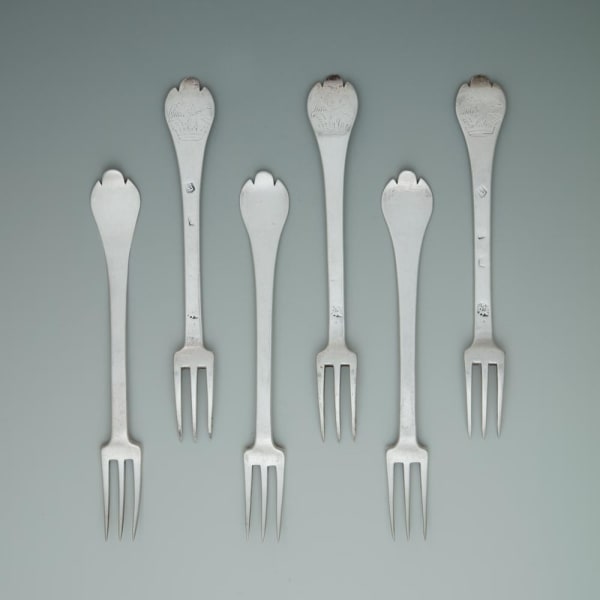 Lawrence Coles, A Set of Six Charles II Antique English Silver Forks, 1684