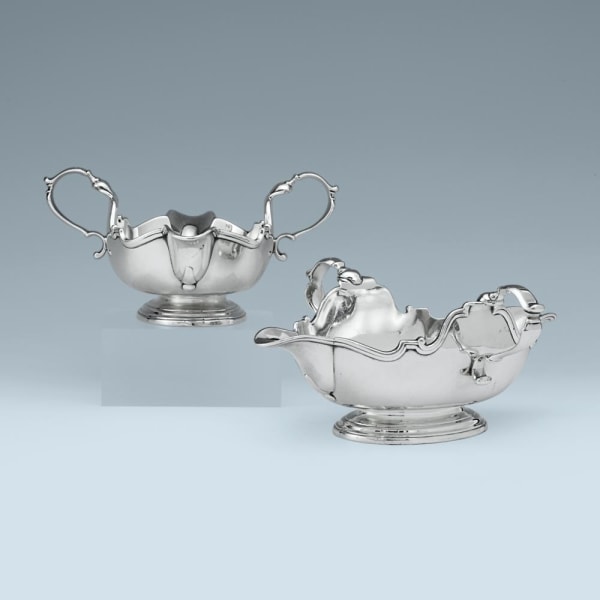 Francis Nelme, A Pair of George I Antique English Silver Double-Lipped Sauce Boats, 1724/5