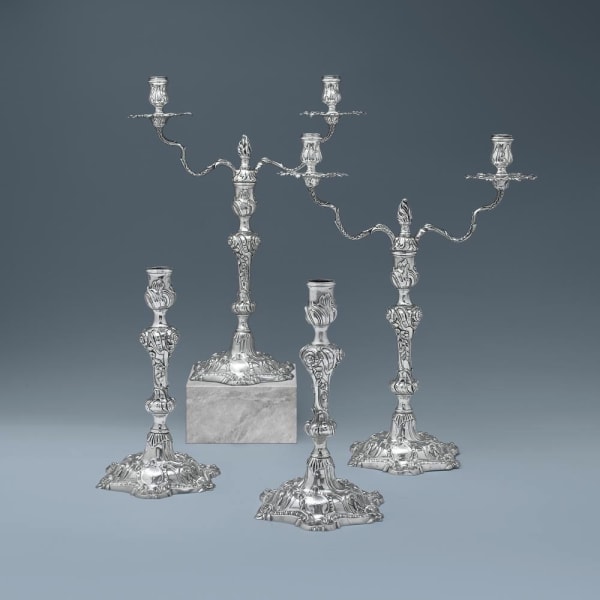 John Cafe, A Pair of George II Candelabra & Candlesticks, 1755/6