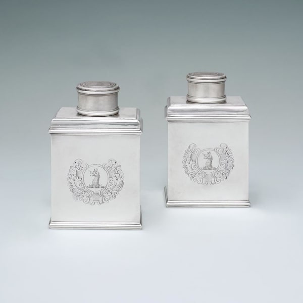 Benjamin Pyne, A Pair of Queen Anne Antique English Silver Tea Caddies, 1704