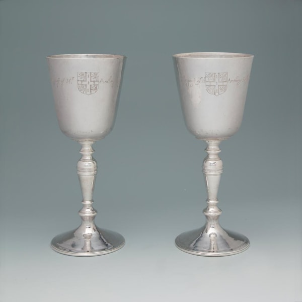 Walter Shute, A Pair of Monumental Charles I Antique English Silver Wine Cups, 1627