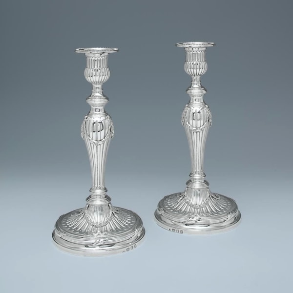 Peter Desvignes, A Pair of George III Antique English Silver Candlesticks, 1774