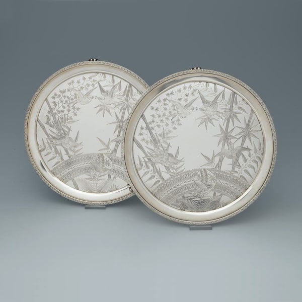 Frederick Elkington, A Pair of Aesthetic Style Antique English Silver Salvers, 1881