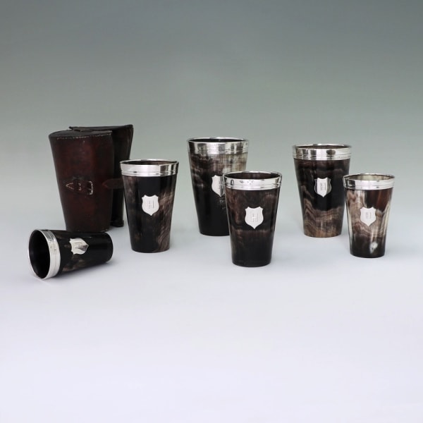The Hunting Beakers of the Dukes of HamiltonA large collection of Victorian silver-mounted horn beakers,