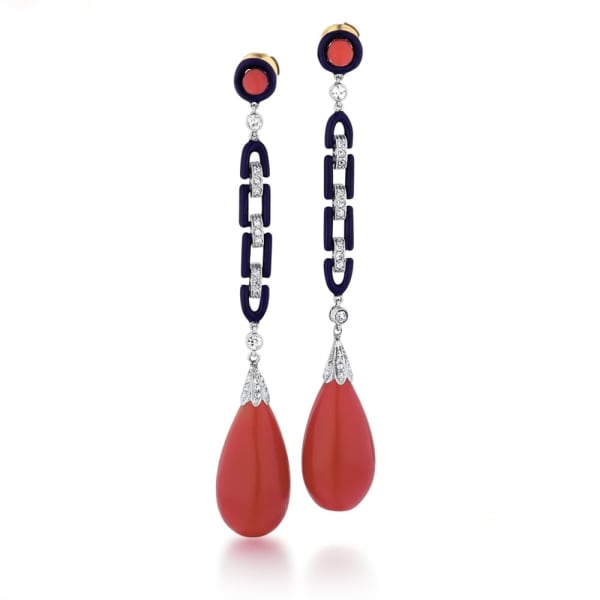 A Pair of Art Deco Coral, Diamond and Black Enamel Earrings, c. 1920