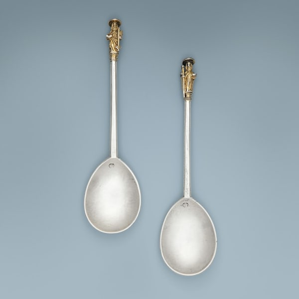 William Simpson, A Pair of Henry VIII Antique English Silver Apostle Spoons, St. Peter and St. James the Greater, 1545