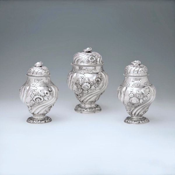 Henry Morris, A Set of Three George II Antique English Silver Tea Caddies, 1753