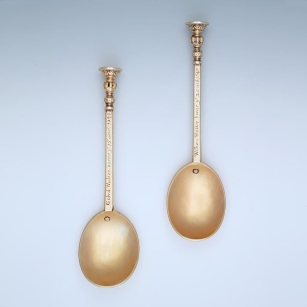 Jeremy Johnson, A Pair of Commonwealth Antique English Silver-Gilt Seal-Top Spoons, 1659