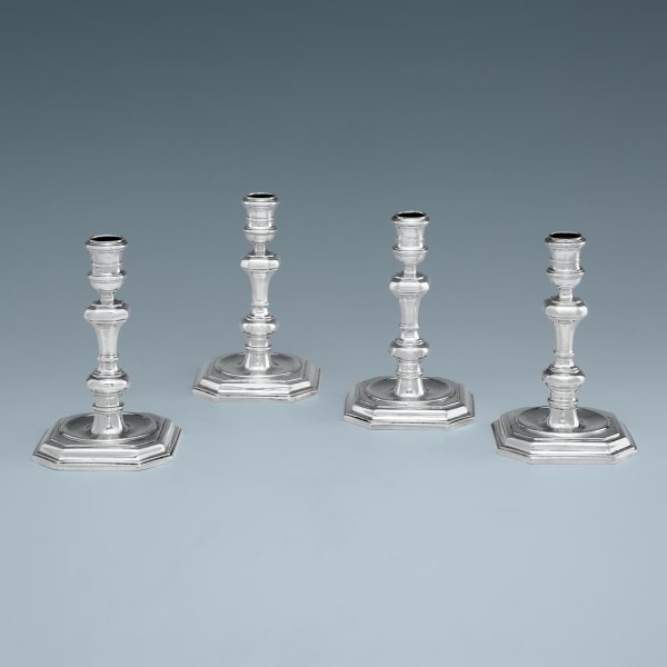 Paul de Lamerie, A Set of Four Queen Anne Antique English Silver Candlesticks, 1713