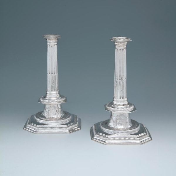John Barnard, A Pair of Queen Anne Antique English Silver Candlesticks, 1705