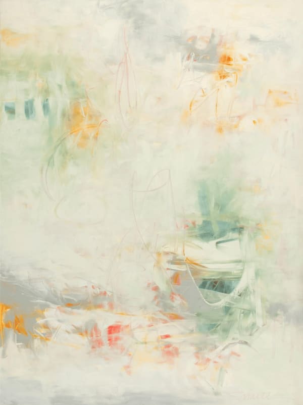 Abstract oil painting with greens, whites, oranges, and grays  by slate gray gallery artist Karen Scharer