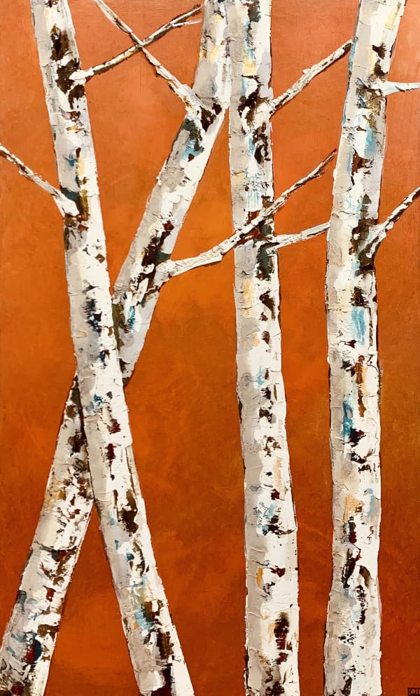 Mixed Media with gold leaf painting of aspen trees with an orange background by slate gray gallery artist Katherine Lott