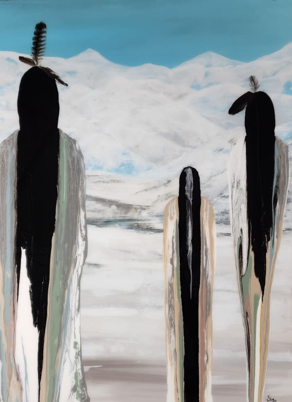 Acrylic painting of three figures of ambiguous native origin against a mountain range and blue sky background by artist Fran J Nagy