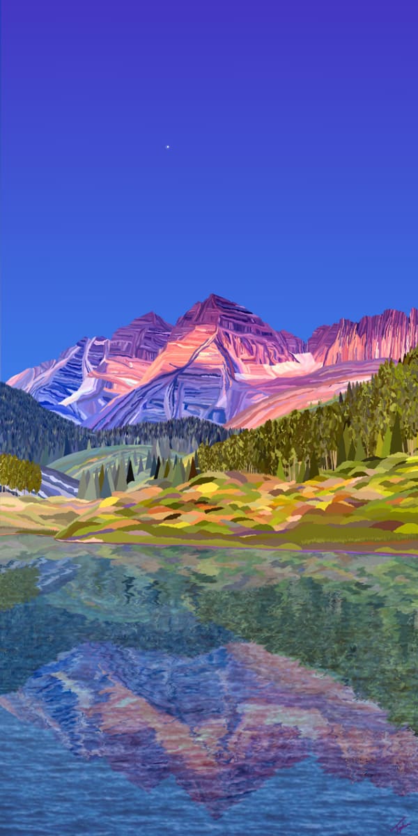 Digital painting of the Maroon Bells mountain range by Slate Gray Gallery Artist Topher Straus