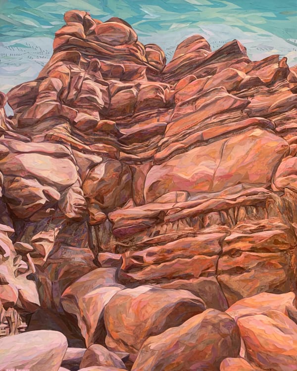 hards of paper on canvas in the shape of red rock boulders in a desert by slate gray gallery artist Molly Perrault