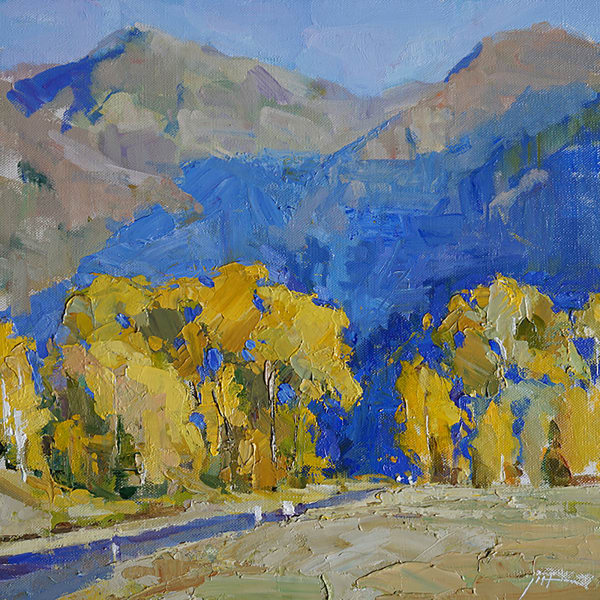 Oil on linen painting of mountains and yellow trees by slate gray gallery artist Julee Hutchison