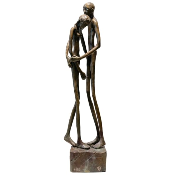 Bronze sculpture of two human like figures hugging by slate gray gallery artist Beatrice Villiger 
