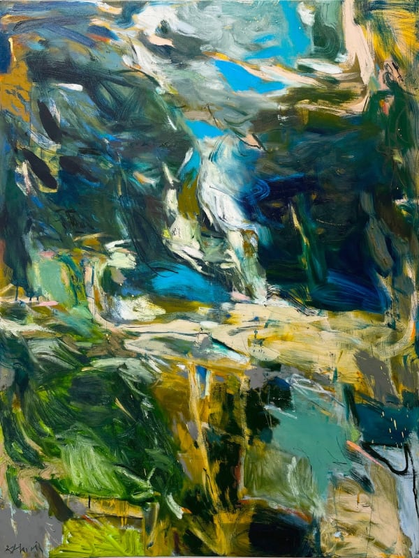 Abstract painting with mainly blues and greens by slate gray gallery artist Krista Harris