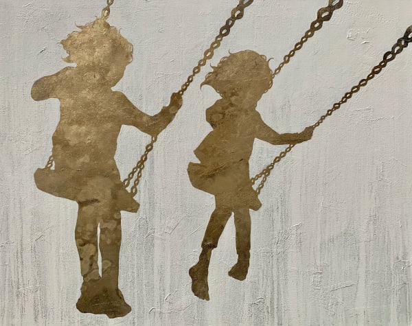 Acrylic, oil, and gold leaf painting of the silhouettes two children swinging by Slate Gray Gallery artist Christopher Peter
