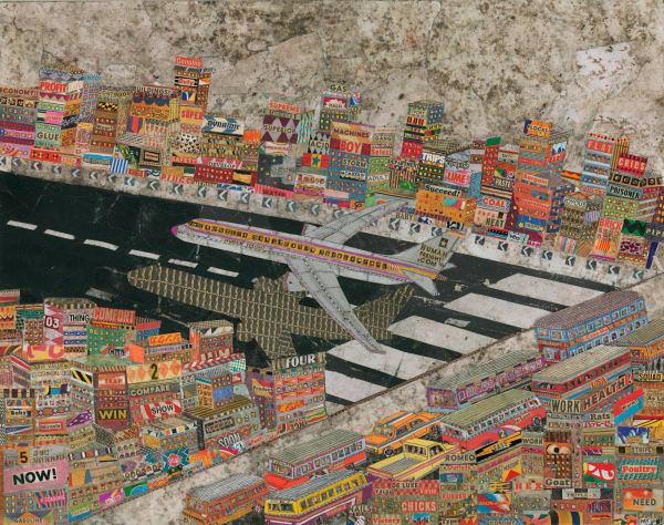 Collage of an airplane on a landing strip surrounded by a city by Slate Gray Gallery Artist Max Strong