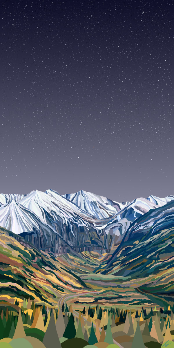 Digital painting of the telluride valley with mountains at the end of town by slate gray gallery artist Topher Straus