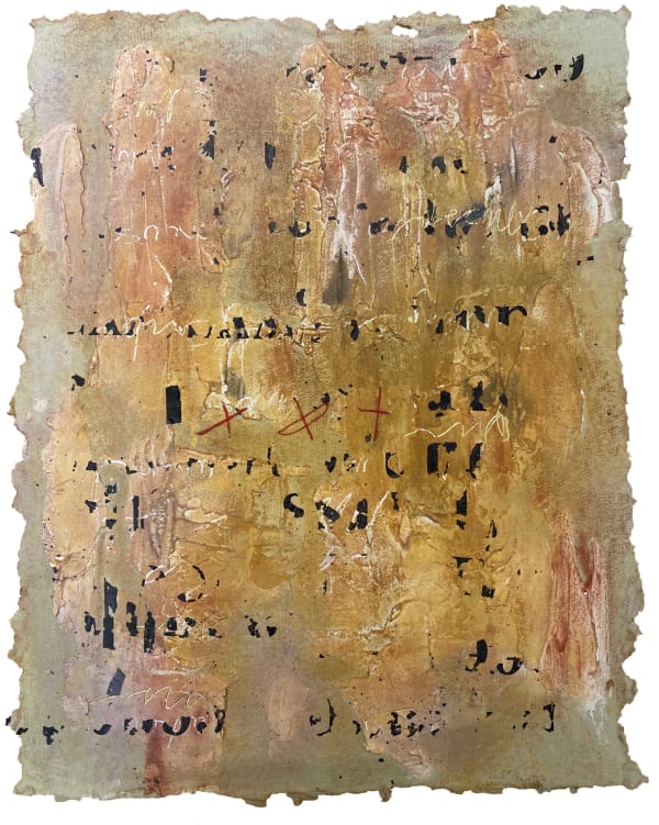 Letraset, pastel, thread, ink, and acrylic on handmade paper by slate gray gallery artist Lisa Pressman
