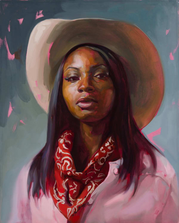 Portrait of a cowgirl wearing a pink shirt and red bandana by slate gray gallery artist Felice House