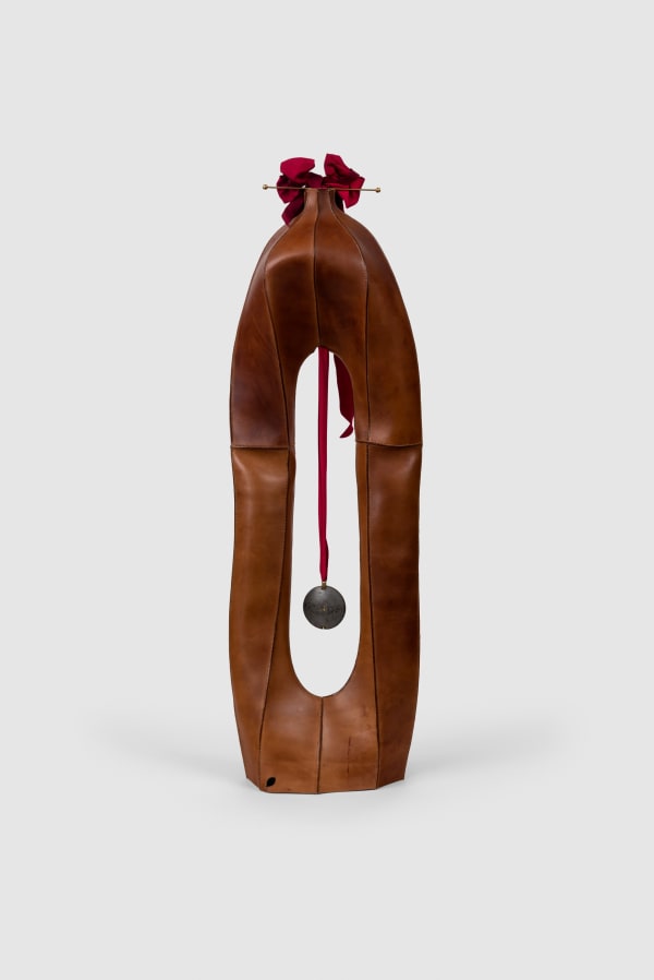 Frances Pinnock Steady metronome (Custom melody), 2024 Leather, hemp, beeswax, rayon, cotton, brass, lead 137 H x 43 W x 25 D cm 53.4 H x 17 W x 9.8 D in