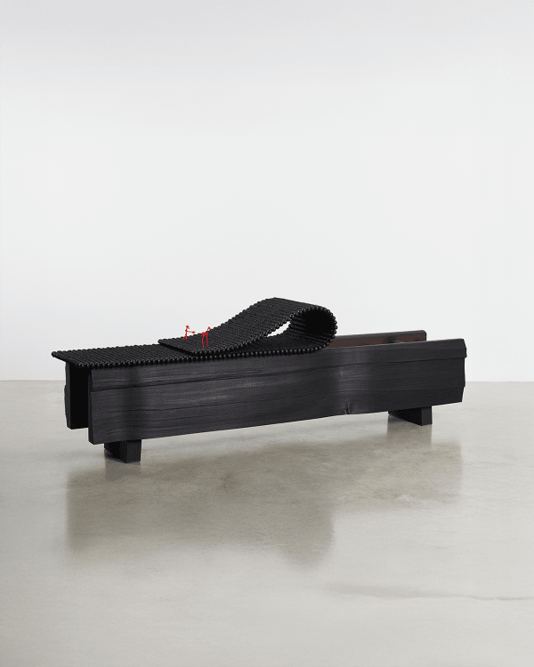 Peter Marigold Dodai Bench Dark (Medium), 2021 Collaboration with Hinoki Kougei Hiba (Japanese cypress), Dyed Cotton Braid top 42 H x 180 W x 38 D cm 16.5 H x 70.8 W x 14.9 D in