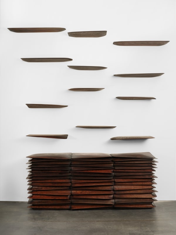 Christopher Kurtz Sheets Credenza with shelves, 2024 Acquired by private collection Hand carved cherry, walnut, red oak, white oak, poplar 74 H x 183 W x 54 D cm 30 H x 72 W 21.3 D in