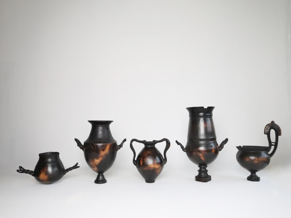 Ash & Plumb Set of 5 Vessels, 2025 English Oak, Oak-dyed Flax Lined thread, Wax Coating