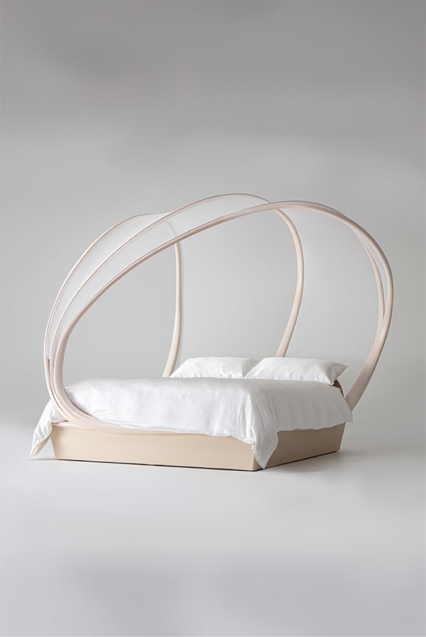 Marc Fish Ethereal Bed, 2024 Laminated sycamore, leather headboard and base silk canopy, mulberry silk bedding 240 H x 250 W x 270 D cm 94.5 H x 98.4 W x 106.3 in Available for Commission
