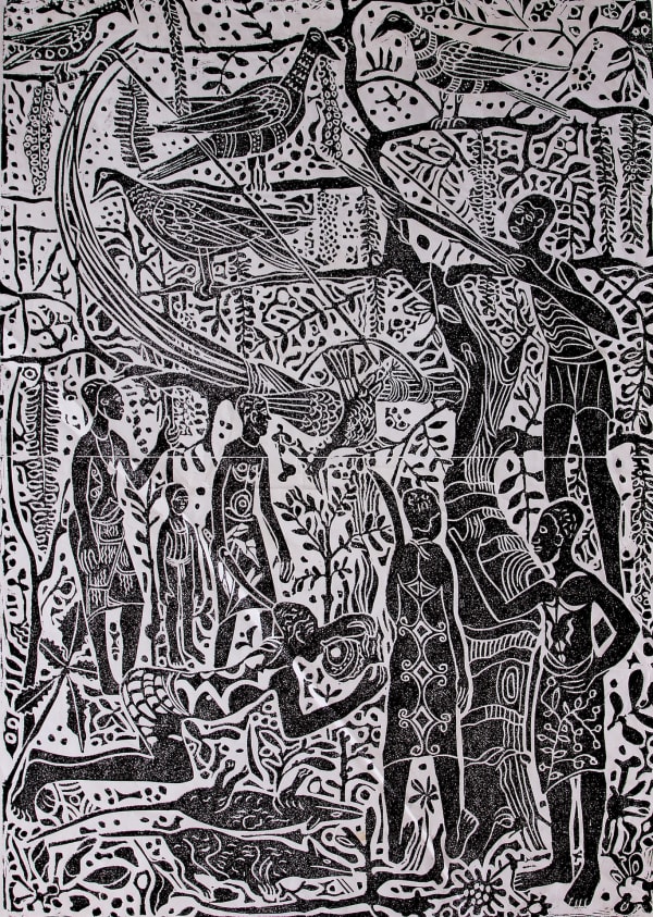 Bruce Onobrakpeya, Efioto Vephran (Hunting Rabbits and Birds) (Black and White), 1977